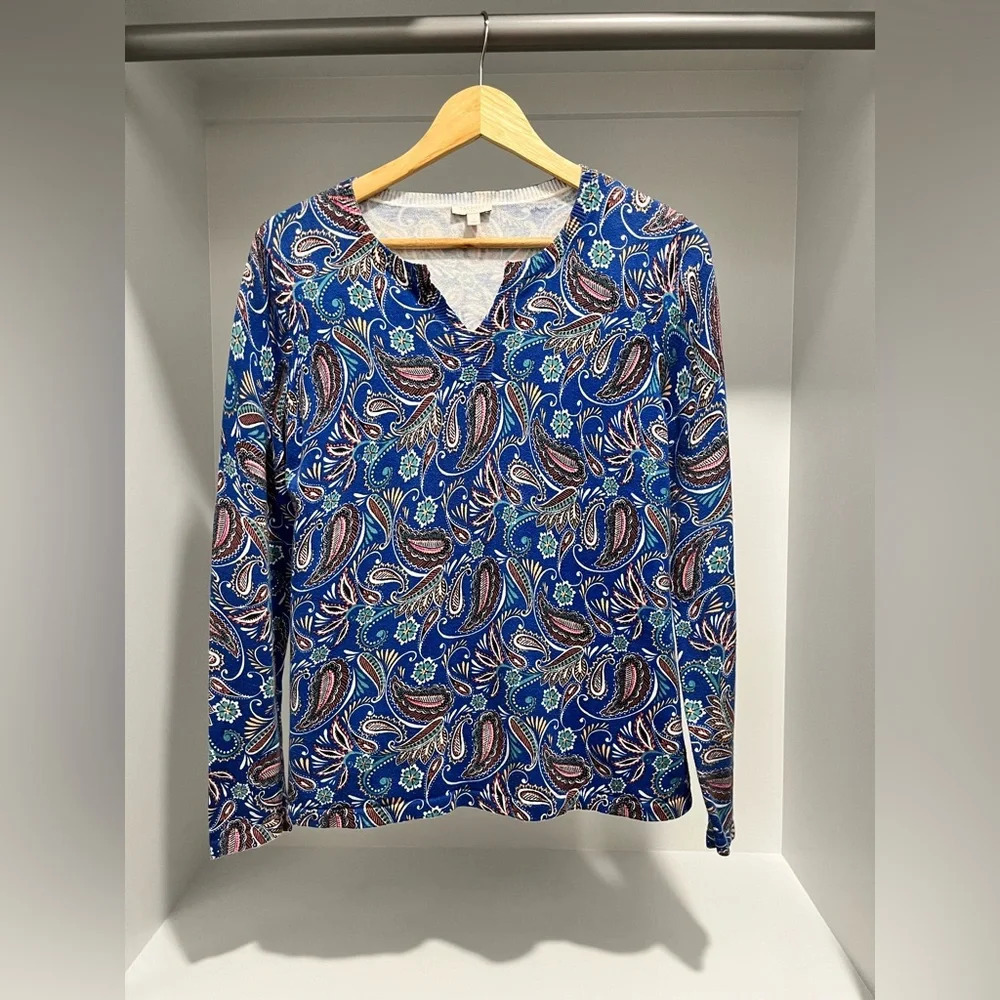 Talbots Women's blue Paisley V Neck Cotton Sweater Mod Preppy Size S 100% cotton